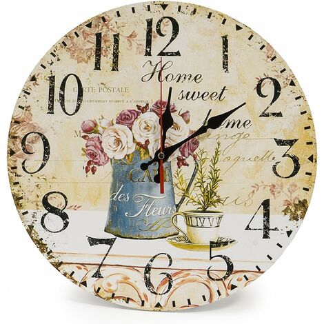 30cm Vintage Horloge Murale Rustique, silencieuse en Bois Cadran Horloge minuteur pour la Maison Salon Chambre Bureau Café Bar Decor (Café et Fleur)