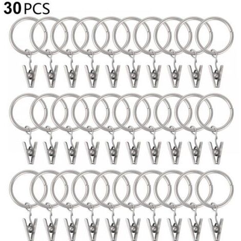 30er-Pack Gardinenringe mit Clips, stark, Haken an Stangenhalterungen, Metallösen mit Innendurchmesser, für dekorative Vorhänge, Fensterrahmen, Silber, 30mm