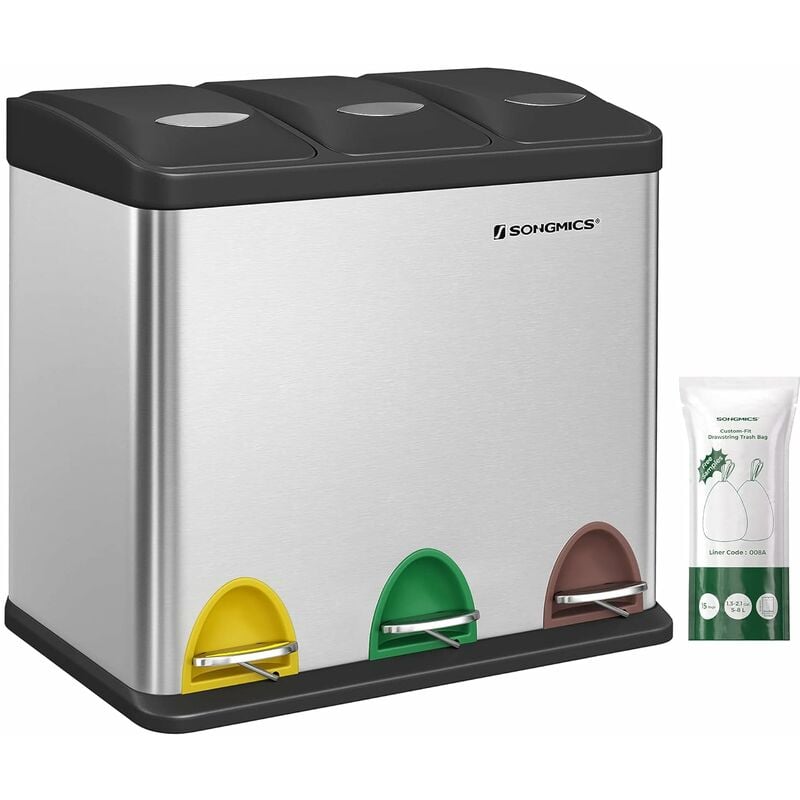 Songmics - Poubelle Cuisine, Poubelle de Tri 3 x 8L, avec Couvercles, Poubelle Triple en Acier pour Les Petites Familles, Pédales et Seaux, Facile à