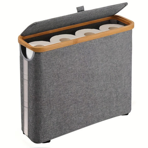 30L Toilet Paper Storage Basket with Lid, Slim Bamboo Toilet Paper Basket Holder Bin Container, Bathroom Accessories Organizer, Grey