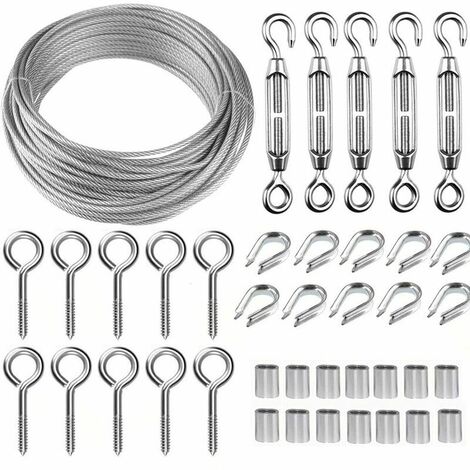 30M Corde en Acier Inoxydable à Suspendre Kit,Kit Cable Métallique,2mm Cable en Acier Inoxydable Revêtu,avec M5 Tend Cable et Crochets à Oeil,pour Plantes Grimpante,Rambarde,Corde a linge