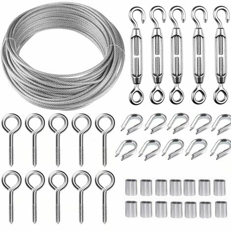 30M Corde en Acier Inoxydable à Suspendre Kit,Kit Cable Métallique,2mm Cable en Acier Inoxydable Revêtu,avec M5 Tendeur Cable et Crochets à Oeil,pour Plantes Grimpante,Rambarde,Corde a linge