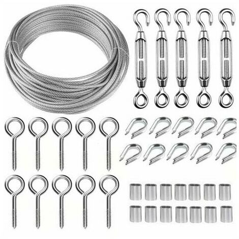 30M Corde en Acier Inoxydable à Suspendre Kit,Kit Cable Métallique,2mm Cable en Acier Inoxydable Revêtu,avec M5 Tendeur Cable et Crochets à Oeil,pour Plantes Grimpante,Rambarde,Corde a linge