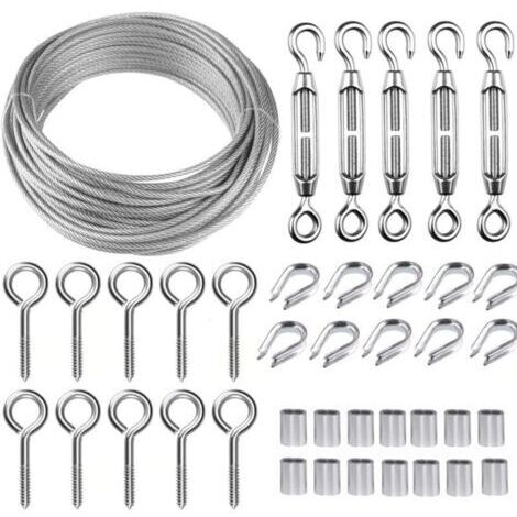 30M Corde en Acier Inoxydable à Suspendre Kit,Kit Cable Métallique,2mm Cable en Acier Inoxydable Revêtu,avec M5 Tendeur Cable et Crochets à Oeil,pour Plantes Grimpante,Rambarde,Corde a linge,--