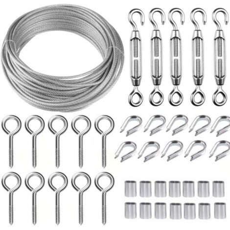 30M Corde en Acier Inoxydable à Suspendre Kit,Kit Cable Métallique,2mm Cable en Acier Inoxydable Revêtu,avec M5 Tendeur Cable et Crochets à Oeil,pour Plantes Grimpante,Rambarde,Corde a linge
