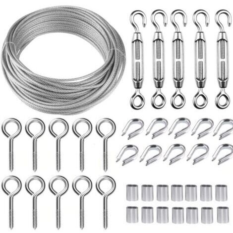 30M Corde en Acier Inoxydable à Suspendre Kit,Kit Cable Métallique,2mm Cable en Acier Inoxydable Revêtu,avec M5 Tendeur Cable et Crochets à Oeil,pour Plantes Grimpante,Rambarde,Corde a linge,--