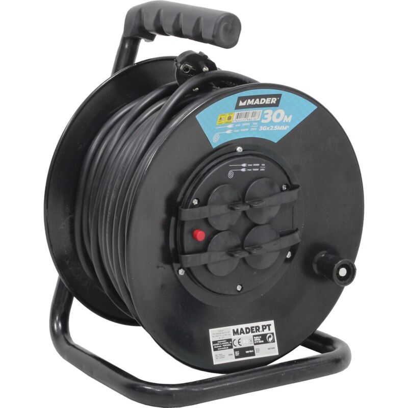 

30m. extensible eléctrico metálico con tapas 4 tomas 3x2,5mm. IP44 ( 68018) - Mader