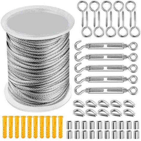 30m Kit de Corde Câble en Acier Inoxydable, Cable Métallique, Câble INOX avec Tendeur et Crochets pour Suspension Lumineuse,Plante