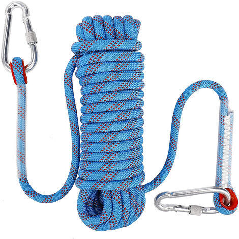 PETITES ECREVISSES 30m Outdoor-Kletter-Sicherheitsseil mit 2 Karabinern zum Abseilen 10mm Kletterseile für Arbeiten in der Höhe Feuerleiter Abseilen Camping Blau
