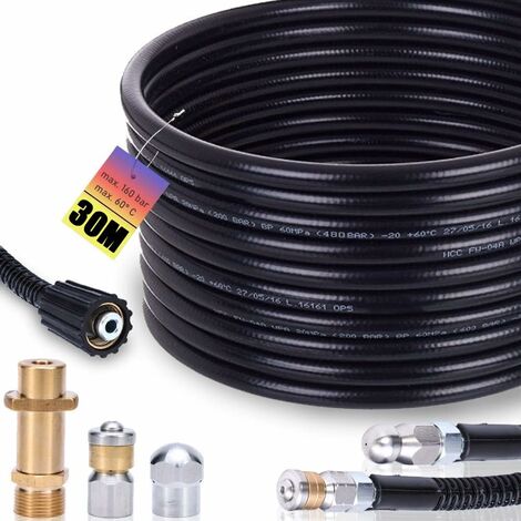 30m Rohrreinigungsschlauch Set, 200 bar inkl. M22 Adapter, Düsen starr + rotierend für K2, K3, K4, K5, K6, K7 Hochdruckreiniger universal Rohrreinigungsset Hochdruckschlauch