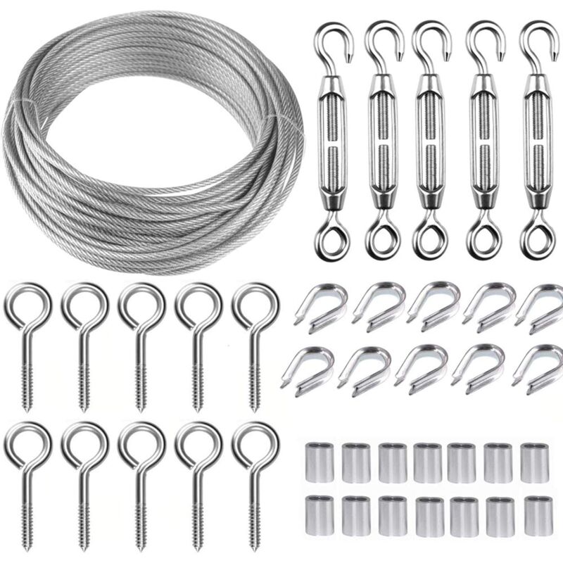 Ugreat - 30M Stainless Steel Hanging Rope Kit, Wire Rope Kit, 2mm Coated Stainless Steel Cable, with M5 Turnbuckle and Eye Hooks, for Climbing