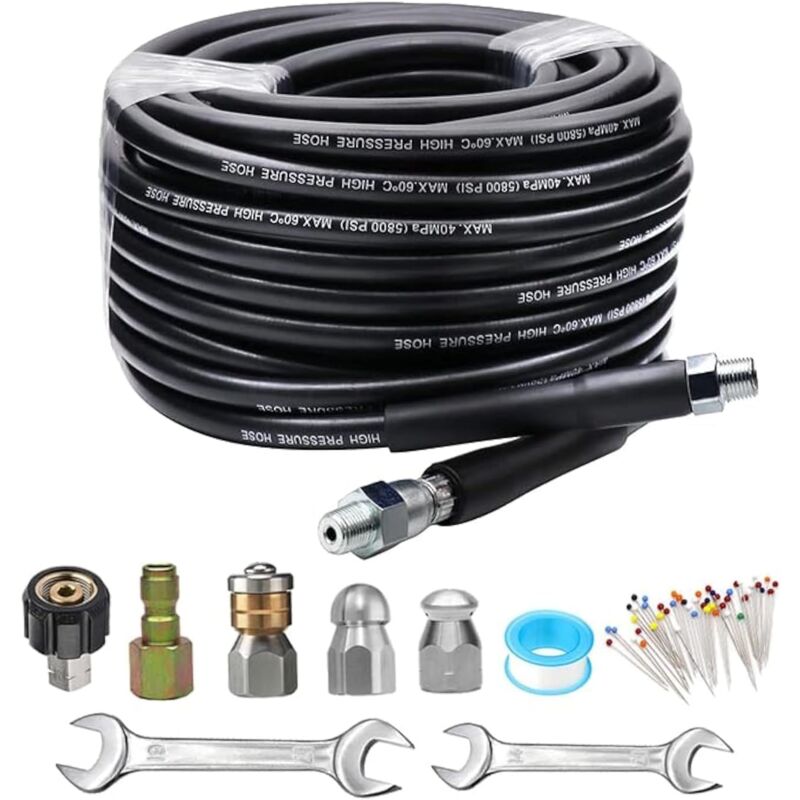 30M Tuyau de Nettoyage Canalisation, 5800 PSI Kit de Nettoyage du Tuyau de Vidange du Nettoyeur Haute Pression, 1/4' NPT, Raccord M22 14 mm, Buse à