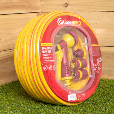 30m Yellow Reinforced Kink Resistant Garden Patio Hose Pipe with Spray Gun Set