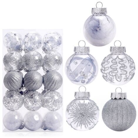 30pcs argent Boule de Noel Or pour Decoration Noel Sapin 6cm, Boules de Noel Transparente Étincelants Deco Sapin Noel avec Fil de Suspension, Kit Decoration Sapin Noel pour Noël Mariage Anniversaire F