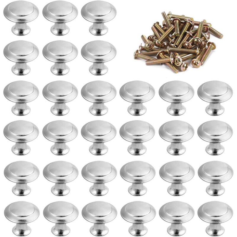 Dpzo - 30pcs Boutons de Porte Rond 30mm, Poignée en Acier Inoxydable pour Cuisine, Décoration avec Vis Argentées