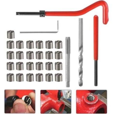 30Pcs Kit Reparation Filetage M6 INOX Foret Hélicoïdal Clé Hexagonale Insert Filetage Taraud Filiere Professionnel pour Entretien Quotidien Automobile Perceuse Moteur