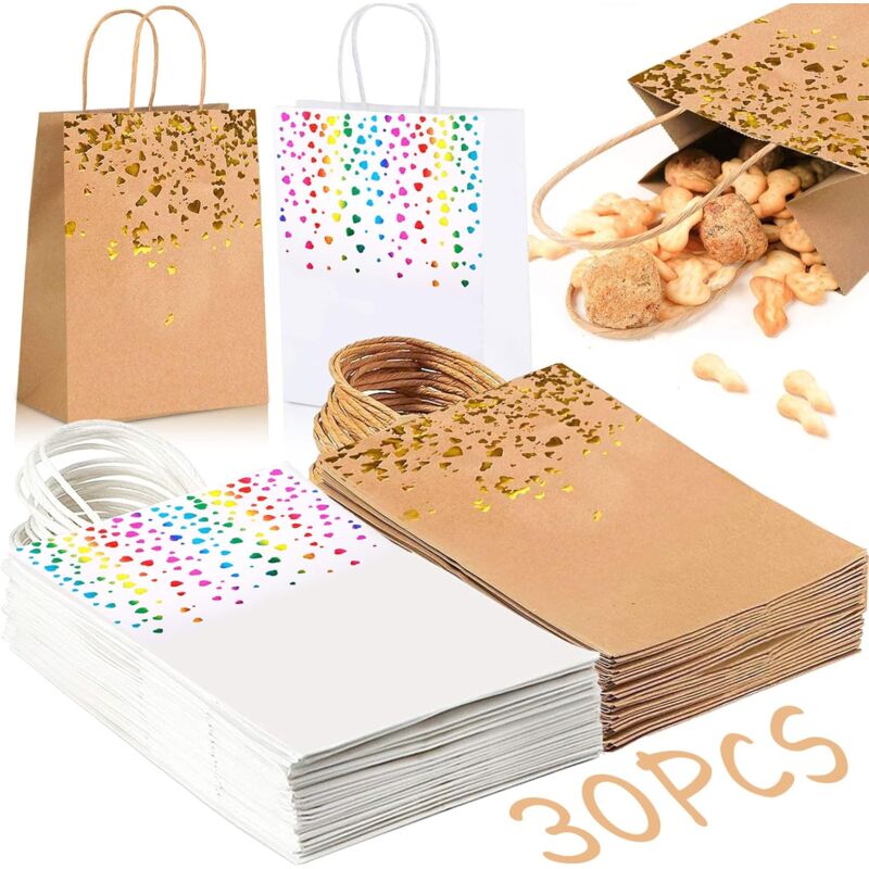 30Pcs Sac Papier Kraft, Sac Kraft avec Poignée, 21 15 8cm Sacs Cadeaux, Sachet Kraft Recyclable, 15 Marron Sac Cadeau, 15 Blanc Pochette Cadeau pour