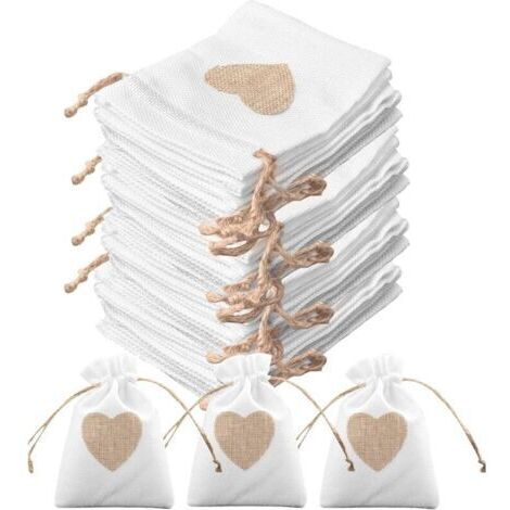 30PCS Sachets en Toile de Jute 10x14cm Pochettes Jute en Motif de Coeur Lot de Petit Sac avec Cordon Continir Bonbons Bijoux Boite Cadeau Dragees pour Mariage Baptême Anniversaire Noël