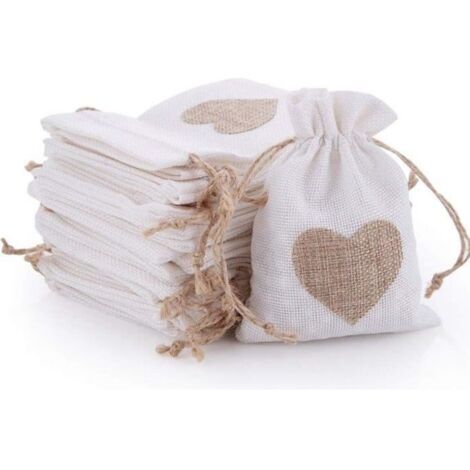 30Pcs Sachets en Toile de Jute Pochettes avec Cordon et Motif de Coeur pour Dragée Bijoux Cadeau Mariage Baptême Anniversaire Noël