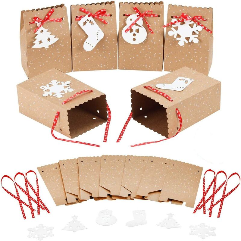Joorrt - 30pcs Sacs de Cadeau de Noël Sacs en Papier de Noël avec 30 d'étiquettes de Noël Blanches et 30 Ruban - Sacs à Bonbons en Papier Kraft de