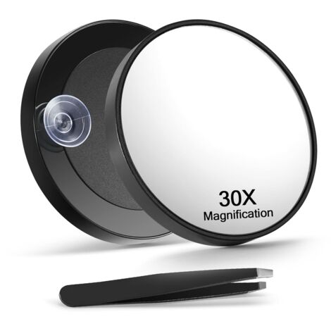 30X Magnifying Mirror with 2 Suction Cups, 3.5 inches Magnified Makeup Mirror and Slant Tweezers,Black,1PC