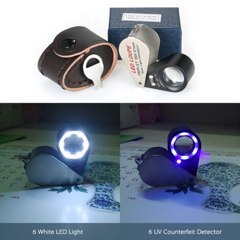 30X Mini Loupe de Bijoutier LED Multifonctionnelle de Poche Portable 21mm 6 Loupe Triplet Loupe Lumières Circulaires en Forme de 6 Intégrées Détecteur de Contrefaçon Ultraviolet