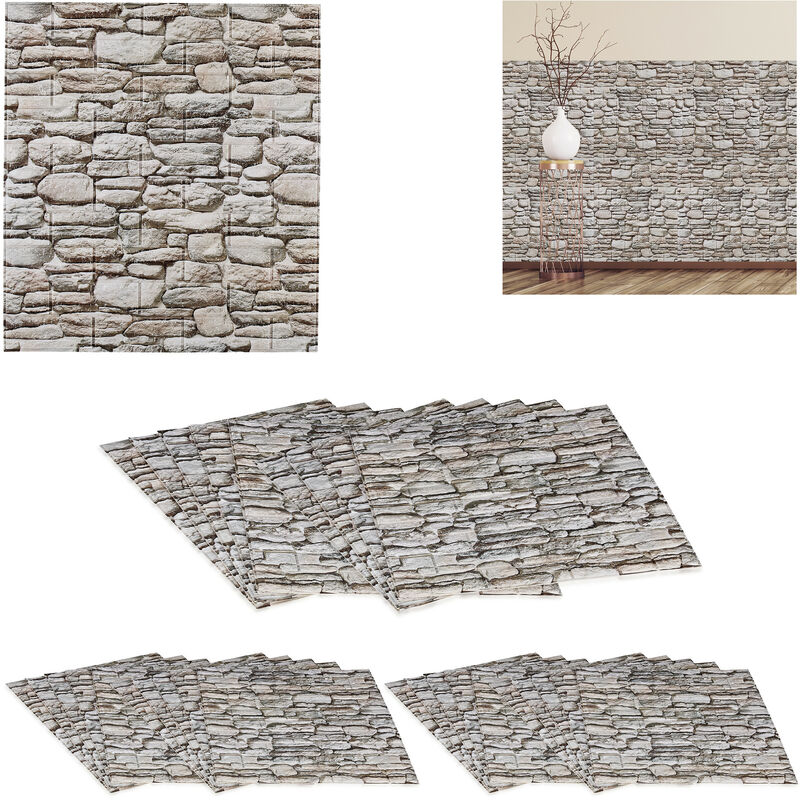 Relaxdays - Self-Adhesive Wall Panels, Set of 30, Cut to Size, Modern Look, Stone Pattern, Paneling, 77 x 70 cm, Grey
