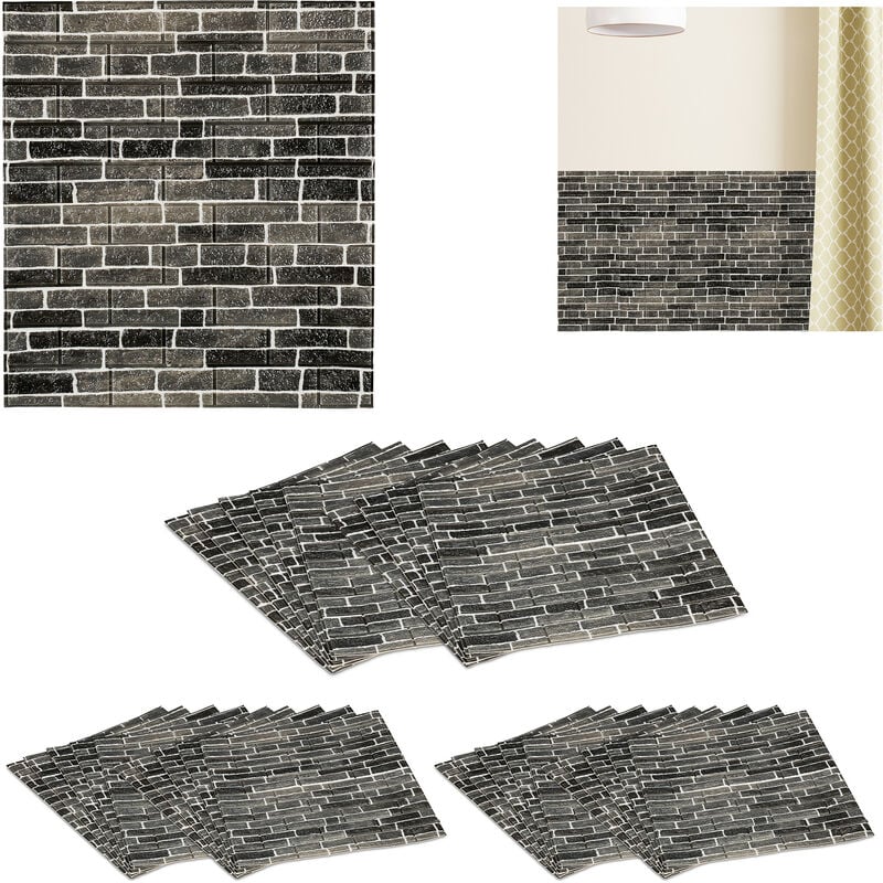 Relaxdays Self-Adhesive Wall Panels, Set of 30, Cut to Size, Modern Look, Stone Pattern, Paneling, 77 x 70 cm, Charcoal