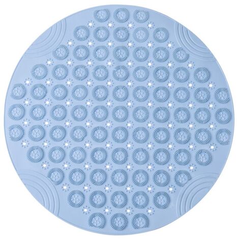 30x30cm PVC Round Bath Mat Non-Slip Antibacterial Machine Washable with Drain Holes and Suction Cups Blue LOY
