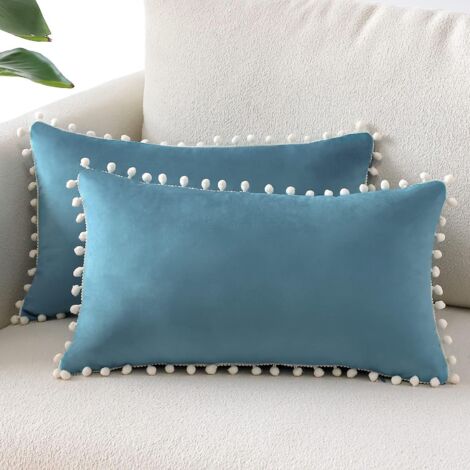 (30x50 Cm, Bleu Clair)lot De 2 Housses De Coussin Dcoratives En Velours Doux Pompons Taies D'oreiller Dcoration D'intrieur Housse Coussins Pour Ca