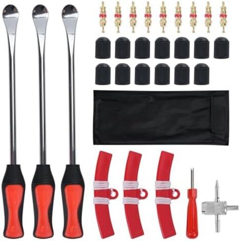 31 Pcs Demonte Pneu Voiture Moto Trottinette, Protecteurs de Jante, Démonte-pneus Manuels en Métal, Outils Changement Réparation Décapant, clé valve 4 1, embouts et bouchons -