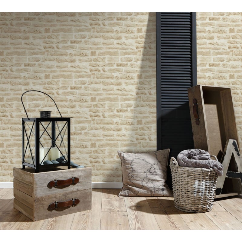 Papier peint beige clair imitation fausse brique Tapisserie tendance beige imitation pierre Papier peint trompe l'oeil pour couloir