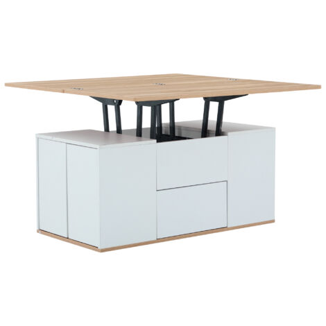=313593594WAA Hebbarer Multifunktions-Couchtisch - Tischplatte öffnet sich zu 2 Tischen, Weiß + Originalholzfarbe, große Kapazität, moderne Wohnzimmermöbel, Büro-Esstisch Freizeittisch Multifunktionst