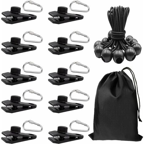 DPRSTON 31x Clip de Bâche et Tendeur Elastique et Mousquetons Pince à Bâche Set pour Coupe-Vent Camping Bâche Voiture Piscine Bateau Couvre