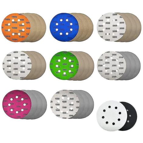 32 feuilles de papier de verre, 8 trous, pour manilles de roue de 5 pouces, utilisables à sec ou à l'eau, avec 2 tampons de contact pour automobile.