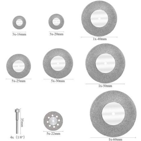 32 mini disques diamantés avec 4 mandrins, disques de coupe pour verre, pierres précieuses, bois, métal et céramique - 16/20/22/25/30/40/50/60 mm