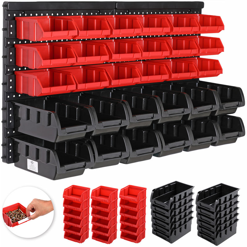 Plastic Bins Kit with Wall Panel 32 Pcs Storage Bin Rack for Garage Wall Mounted Organizer Unit Stackable Boxes - Deuba