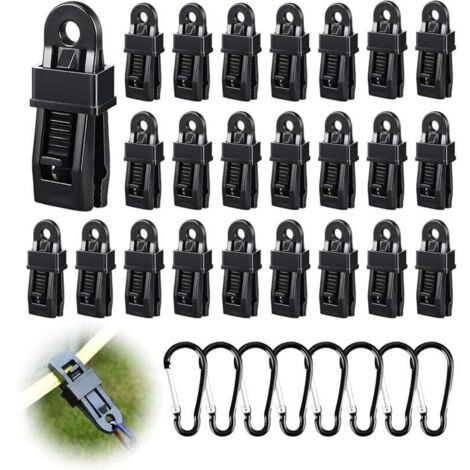 32 Pièces Attache Bache Piscine Set, 24 Pince pour Bache et 8 Mousqueton, Fixation Bache pour Camping, Carvanes, Pique-Nique