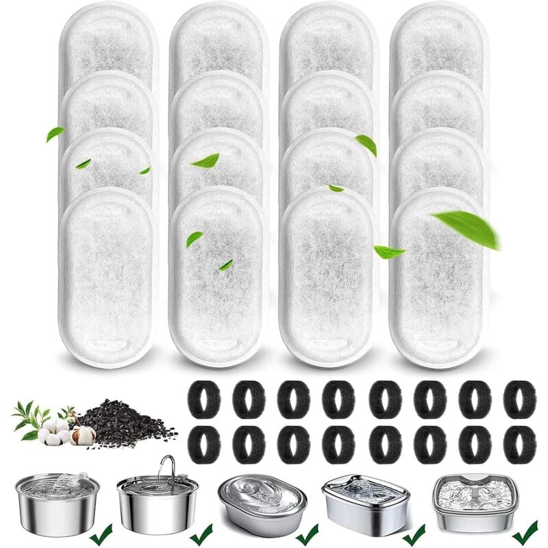 Csparkv - 32 Pièces Filtre Fontaine Eau Chat en Acier Inoxydable,16 Filtres à Charbon et 16 Eponges de Préfiltration,Convient aux Abreuvoirs pour