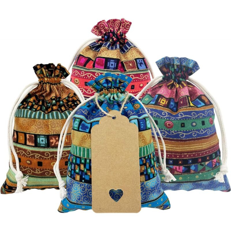 Sunxury - 32 Pièces Sacs Cadeaux en Coton avec Cordon de Serrage 13cm x 18cm Style d'Art Ethnique Sac en Toile de Jute Pochettes à Bijoux Sacs