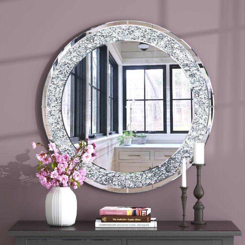 Shyfoy - 32 'Round large Wall Mirror for Living Room Wall Decor- Diamond Decorative Mirror for Wall decor Crystal Silver Wall decor, Modern Home decor
