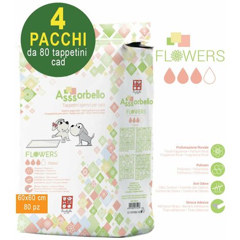 320 Asssorbello Flower 60x60 cm tapis hygiéniques pour chiens - 4 paquets de 80 pièces chacun