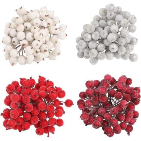 320 Pcs Noël Fruits Artificiels Berry Mini Noël Givré Baies De Houx Artificielles Givrées Tige Filaire Mousse Fleur Faux Fruit Berry pour Décoration De Sapin De Noël Guirlande Guirlande Fabrication