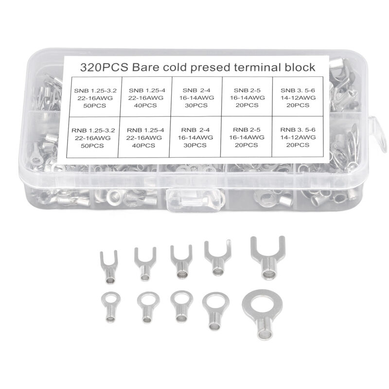 Debuns - 320 pièces Kit de connecteurs à fourche à anneau Cosses de fil non isolées Bornes de câble de batterie Fourche à sertir en cuivre électrique