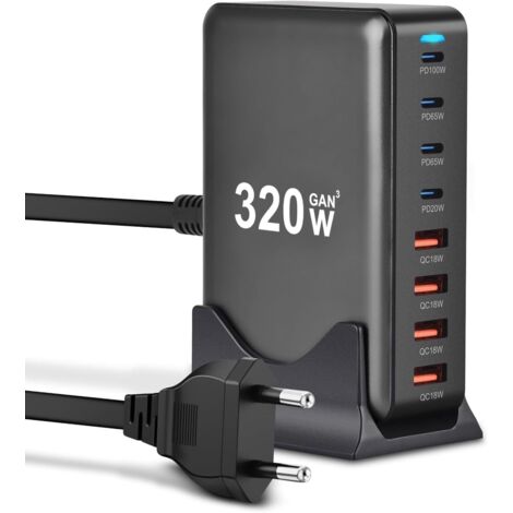 320W Chargeur USB C,8 Ports Multiple GaN Chargeur Secteur avec 4 USB-C et 4 USB-A,Chargeur Rapide Station de Charge Adaptateur Compatible avec MacBook Pro/Air Laptop,iPhone,iPad Pro,Galaxy,SteamDeck(N