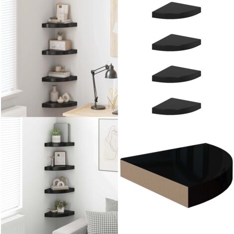 323891  Floating Corner Shelves 4 pcs High Gloss Black 25x25x3,8 cm MDF - Scaffale a muro - Scaffale sospeso