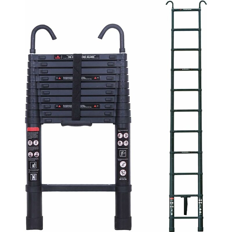 3.2M 10.5FT Aluminium Telescopic Ladder with Hook Multi-Purpose diy Extension Folding Ladder EN131 Certificated, 150kg Load Capacity Portable