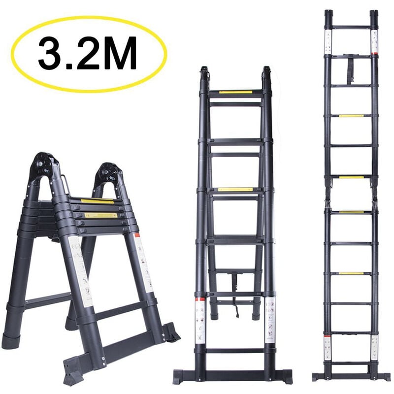 Stoex - 3.2M Échelle Télescopique en Aluminium Pliante (1,6M + 1,6M), Échelle Escamotable Multifonction Bricolage Pliable Charge 150 kg, Tout noir