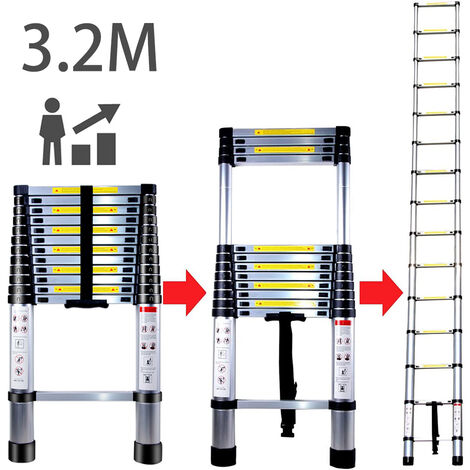 3,2M Échelle Télescopique en Aluminium Bricolage Pliable Échelle Escamotable Multifonction Charge 150KG Noir