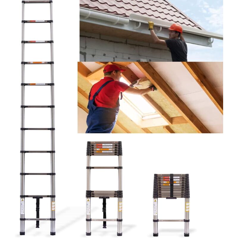 3.2m Telescopic Folding Ladder 10.5ft Multi-purpose Stainless Steel Telescoping Ladder Extendable Portable Sturdy Loft Ladder With En131 & Ce Standard For Draw Wall Replace Bulb Clean Window Repair Ro